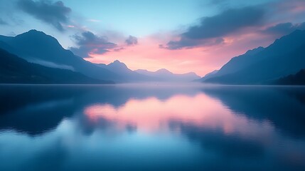 Obraz premium A quiet lake surrounded by mountains, with the soft glow of twilight painting the sky in pastel hues.