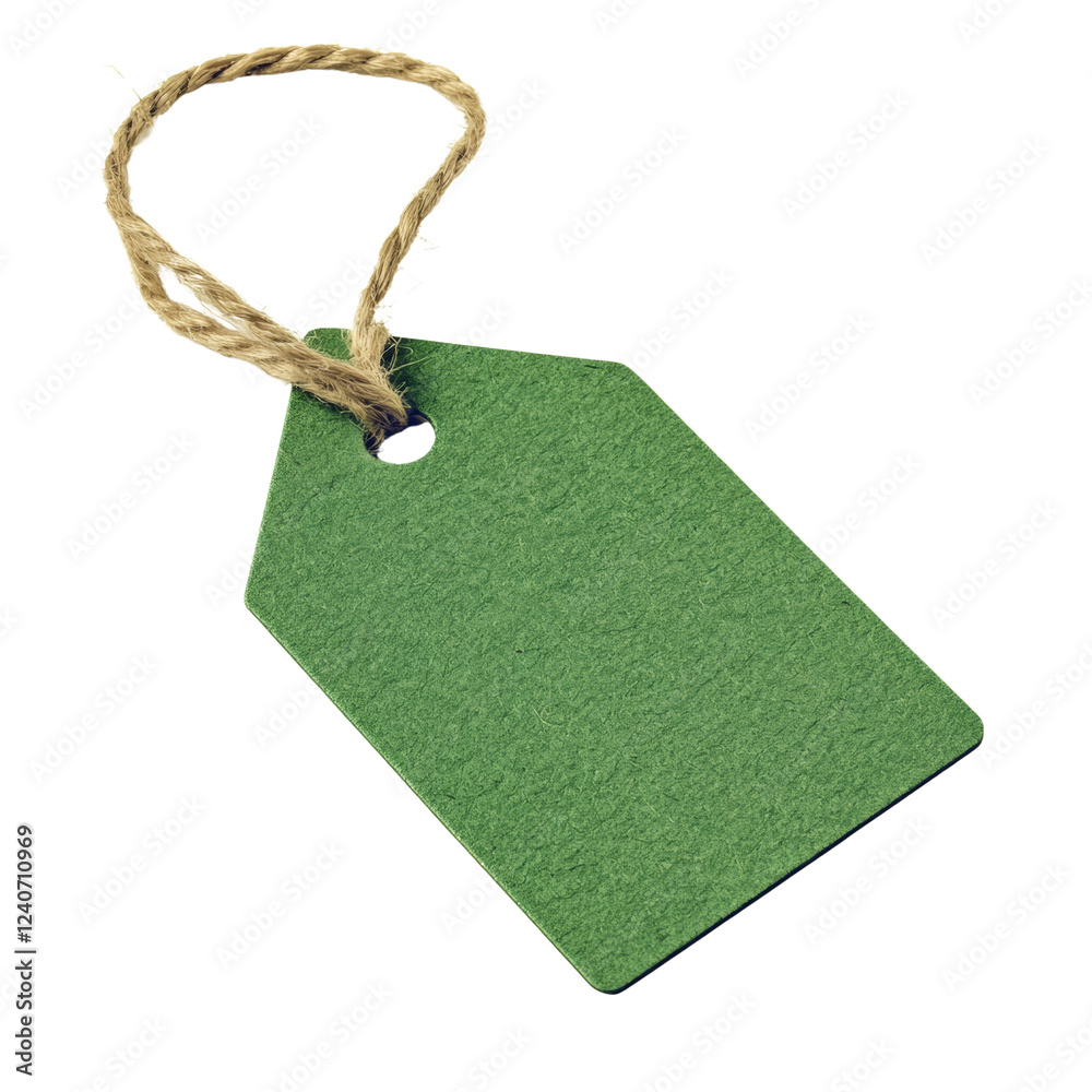 Poster a single green blank tag with a hole and a looped twine string is shown against a black background.
