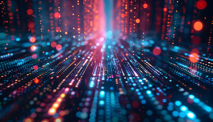 Obraz premium Vibrant abstract digital landscape with glowing particles and lines creating depth and motion