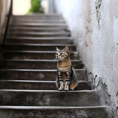 Curious cat exploring narrow steps in a charming stairway alley surrounded by weathered walls on a sunny day. Generative AI
