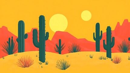 Stylized desert landscape with cacti, mountains, and twin suns.
