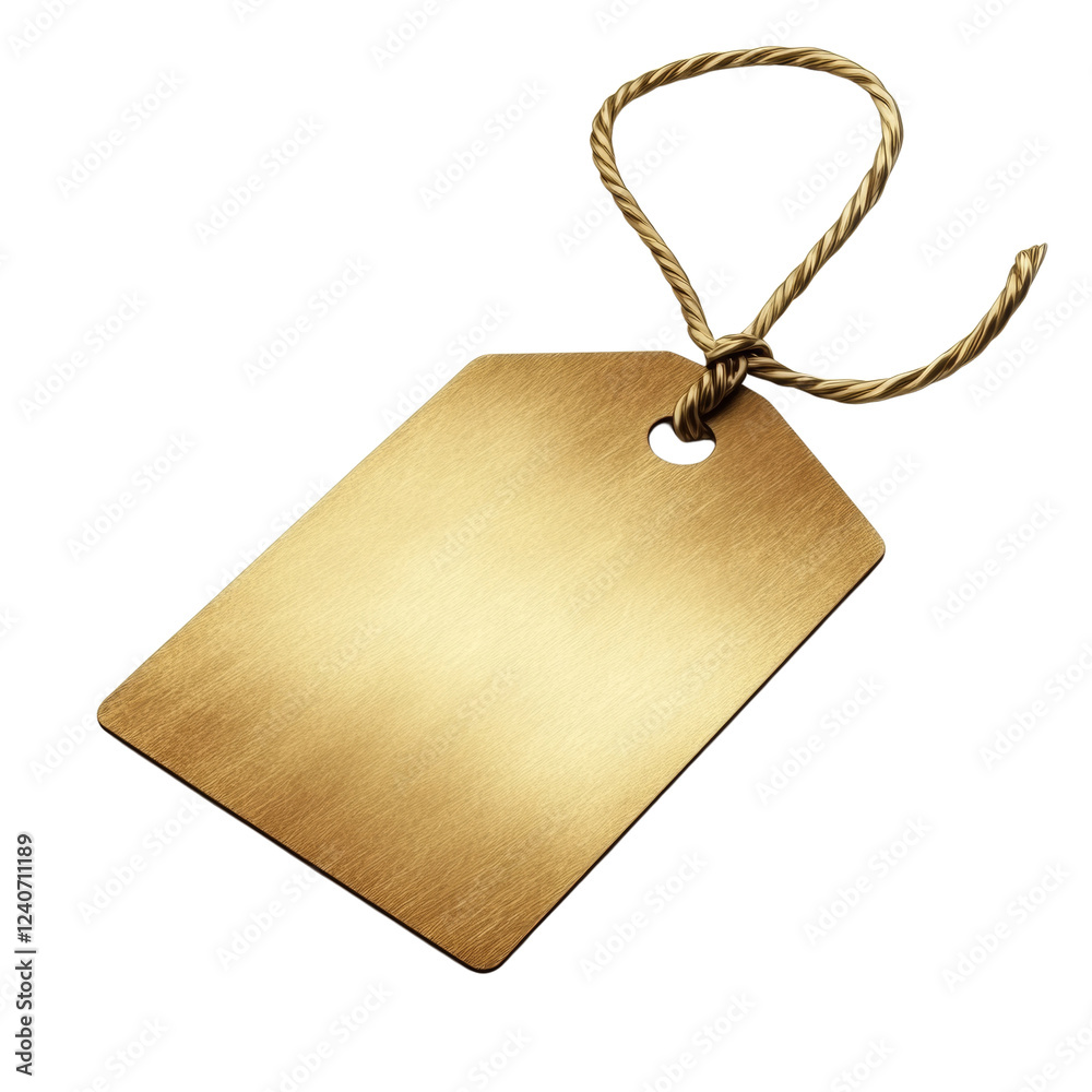 Poster a gold colored blank tag is shown isolated against a black background with a piece of twine tied to 