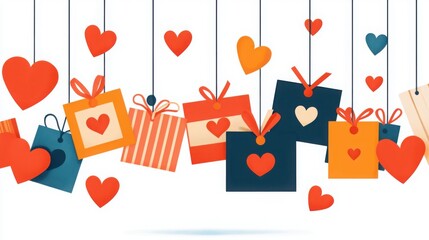 Fototapeta premium Colorful hanging gifts and hearts create a festive, romantic atmosphere, perfect for celebrations and special occasions.
