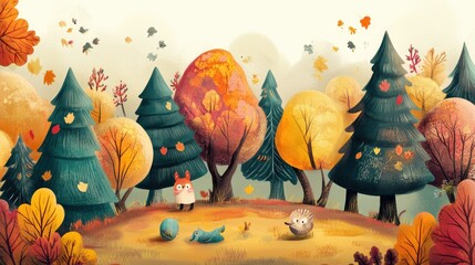Autumnal Forest Friends: A whimsical illustration of an autumn forest with adorable woodland creatures enjoying a playful scene.