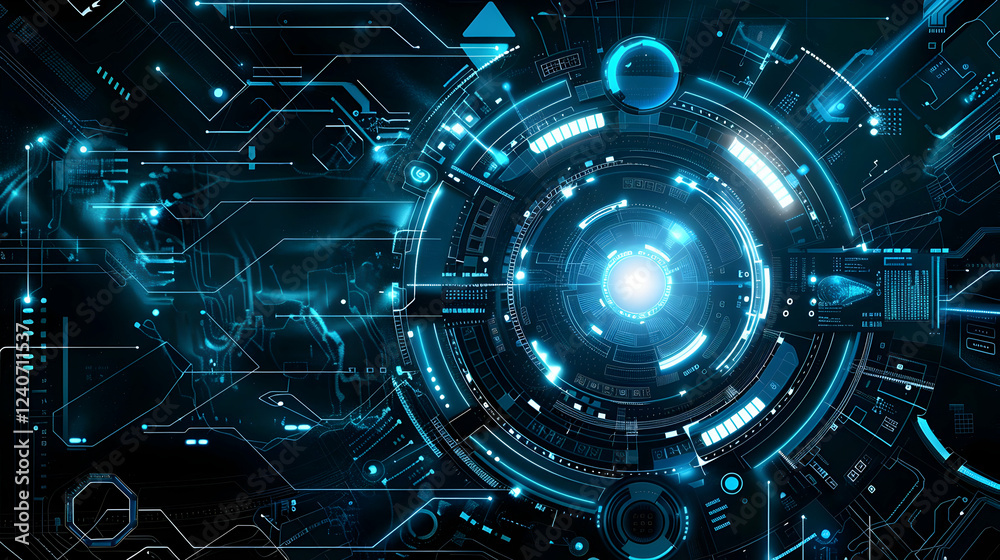 Poster futuristic digital interface showcasing glowing circuits and a central light source in a tech enviro