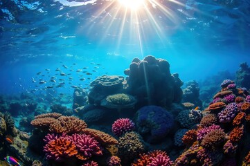 Obraz premium Vibrant Coral Reef Scene with Colorful Fish Underwater