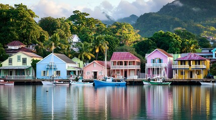 Obraz premium Colorful Caribbean houses waterfront harbor sunrise travel tourism