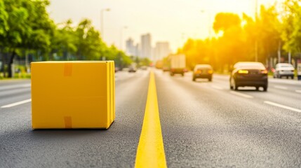 A yellow package sits in the middle of a busy road with blurred vehicles and cityscape in the background, representing delivery confirmation, proof of delivery, and potential customer inconvenience.