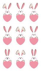 Cute bunnies with hearts. Muzzle, paws, cheeks and ears of beautiful rabbits. Vector illustration for postcards and stickers.