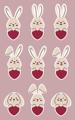 Cute bunnies with red hearts sticker set. Faces of bunnies with different emotions.