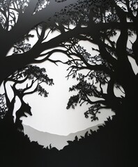 Intricate Silhouette of Trees with Nature Background Art Design
