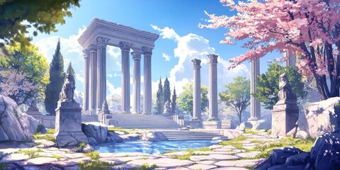 Ancient Temple Mentoring Surrounded by Cherry Trees and Tranquil Stream