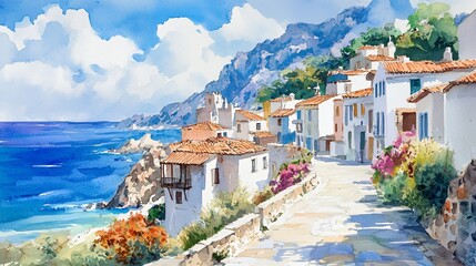 Coastal village street, scenic watercolor, Mediterranean sea, sunny day, travel poster