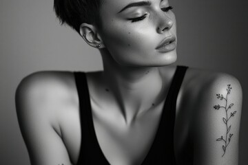 Fototapeta premium Minimalist Woman with Fine Line Tattoos A minimalist-styled woman with short, slicked-back hair, featuring fine-line tattoos
