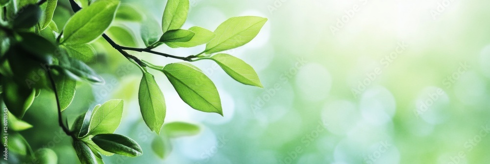 Poster Lush green leaves illuminated by soft sunlight creating a tranquil atmosphere in a natural setting. Generative AI