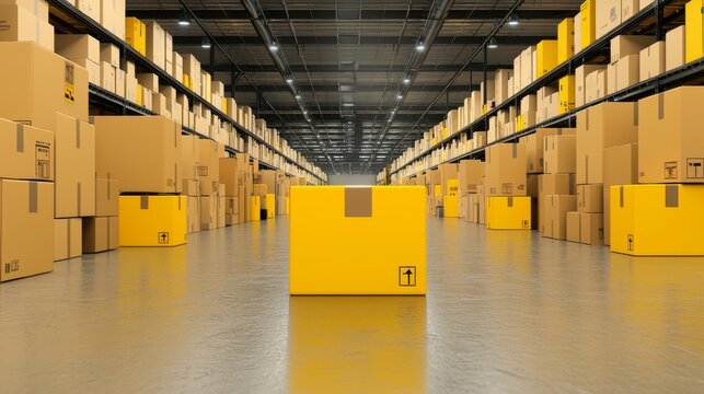 A prominent package in a vast warehouse, symbolizing delivery notification, status updates, and customer communication. Focus on cargo management and business logistics.
