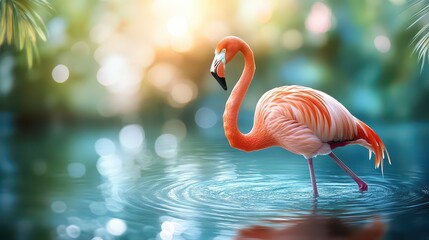 Fototapeta premium A vibrant flamingo wading through tranquil waters, surrounded by lush greenery and soft sunlight