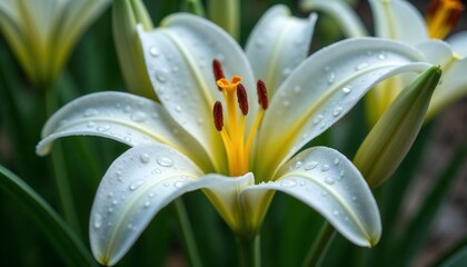 Obraz premium Raindrops on Easter lily petals highlighting their fragility and purity