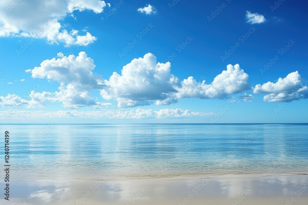 Poster calm ocean waves gently lap against a sandy beach under a bright blue sky with fluffy clouds. genera