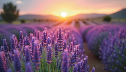 Obraz premium Blooming lavender field at sunset with scenic mountain backdrop