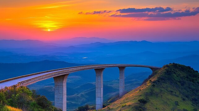 A scenic view of a long bridge spanning across a mountainous landscape at sunset, symbolizing journey, travel, and connection, relevant for infrastructure, logistics, or transportation themes.