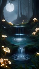 A mystical forest glows with bioluminescence, a shimmering spring, and ghostly ripples, evoking a sacred, enchanting, and mysterious realm.