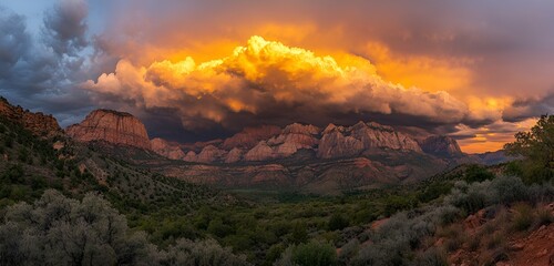 Fototapeta premium Clouds rapidly moving over a dramatic mountain range during the golden hour