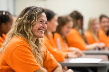 A prison classroom with engaged individuals focused on learning