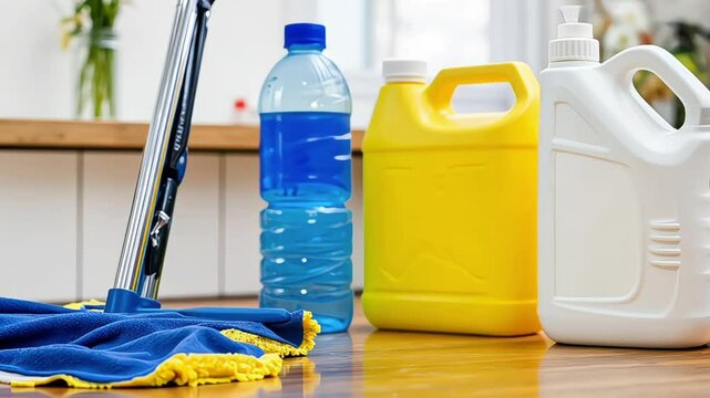 Cleaning wooden laminate floor with mop and detergent 