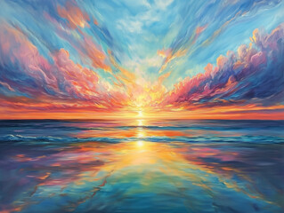 Obraz premium stunning sunrise illuminates sky with vibrant colors, reflecting beautifully on endless ocean, showcasing harmonious connection between celestial and terrestrial realms.
