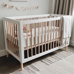 Minimalist white baby crib in cozy nursery