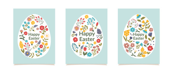 Set of Easter posters. Easter greeting cards with flowers and shape of egg. Vector hand drawn illustrations.