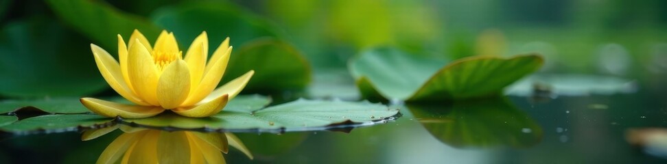 Fototapeta premium Water lily pad with yellow Lotus tenuis flowers peeking out from the surface, lotus, bloom