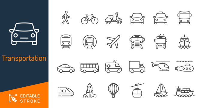 Transportation thin line icons. Editable stroke. Pixel perfect.