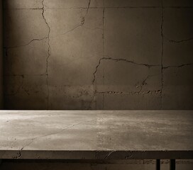 A weathered concrete table with a black metal frame is positioned against a cracked, gray concrete wall, creating a contrast between the rustic table and the monochromatic wall