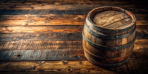 Fototapeta premium Rustic barrel, perched on a weathered wooden table, captured by a drone. Retro charm.