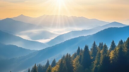 Serene Mountain Landscape with Sunlight and Mist at Dawn
