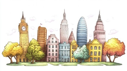 Obraz premium Colorful Cityscape Illustration with Clock Tower and Skyscrapers