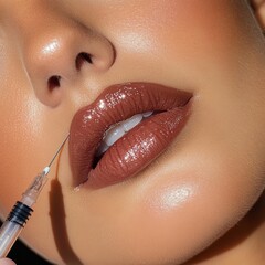 Beautician injecting filler into woman's lips for lip augmentation treatment