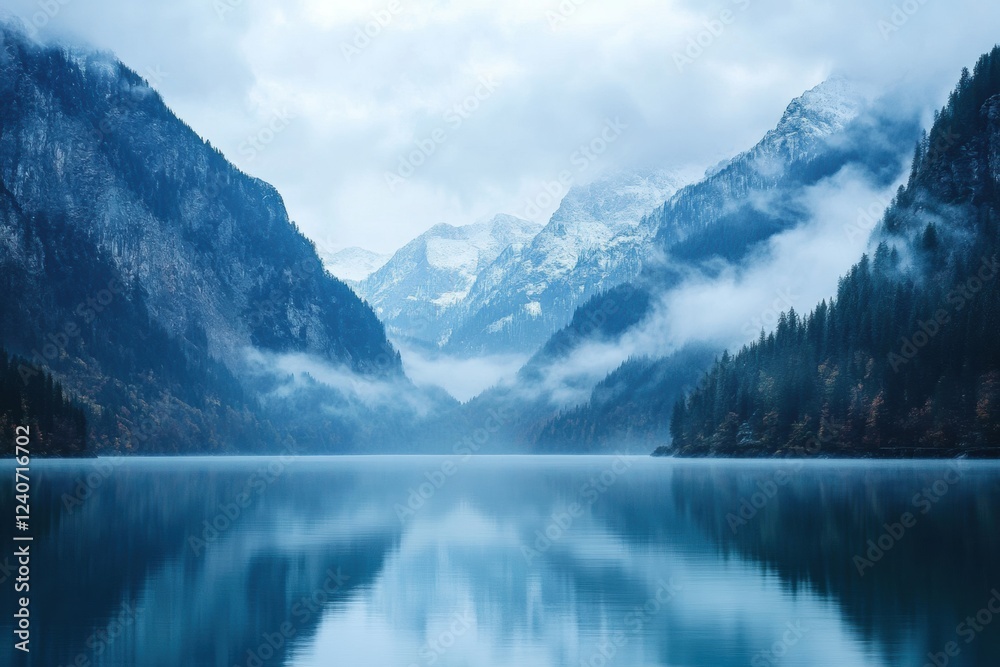Aufkleber majestic mountains reflect in calm lake surrounded by misty forests under cloudy sky. generative ai