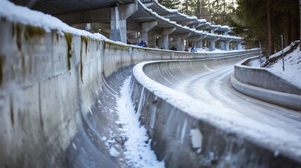 The image shows a concrete bobsleigh track with snow on the ground.