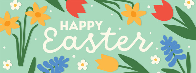Happy Easter greetings banner with tulip, hyacinth and daffodil flowers- vector illustration © chrupka
