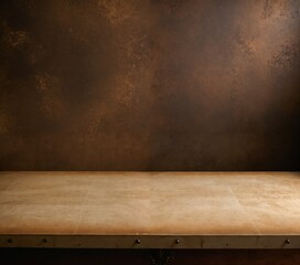A minimalist, dark brown stage with a wooden platform and metal brackets is set against a textured, dark brown wall, creating a minimalist and serene atmosphere