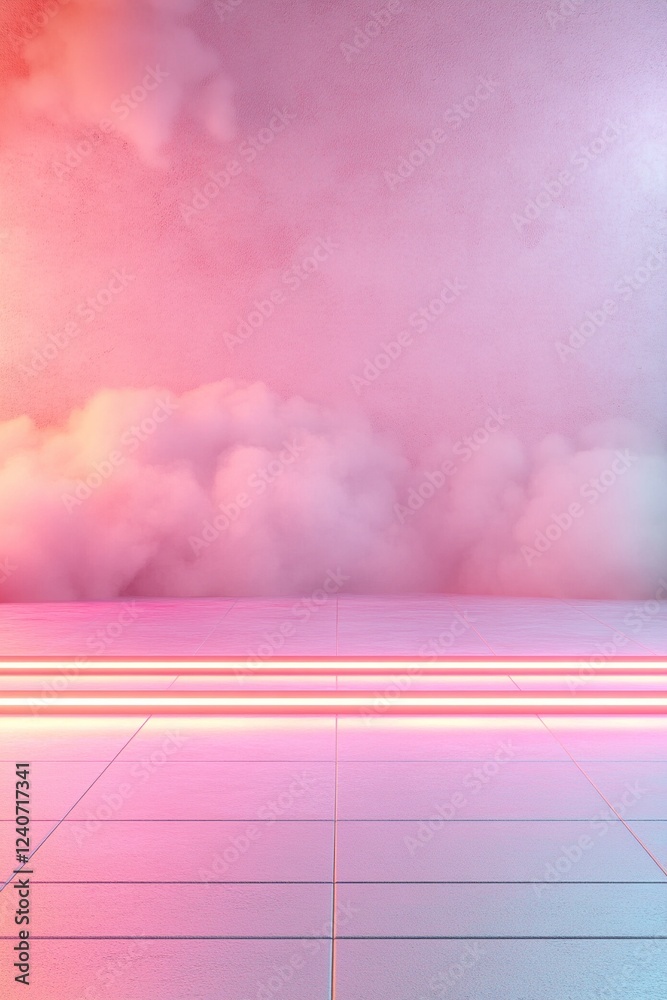 Poster a vibrant red and pink neon grid fades into a soft, misty background, creating an inviting and retro