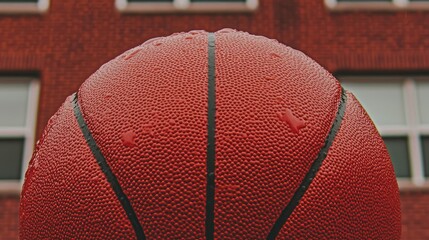 Obraz premium Wet basketball, urban setting, building backdrop, sports