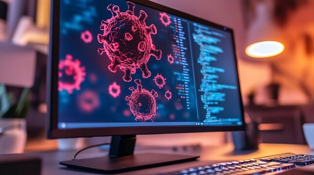 Malware alert displayed on computer monitor highlighting digital threat in a home office setting