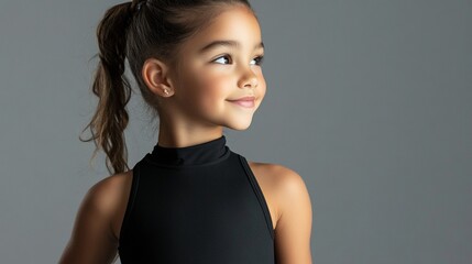 Young dancer in black leotard with ponytail hairstyle looking up with dreamy expression against grey background, capturing innocence and artistic aspiration in studio portrait.