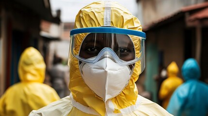 Healthcare worker wearing protective gear in a community during an outbreak response effort