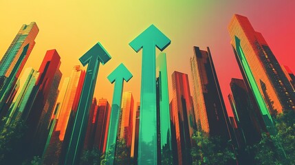 Obraz premium Economic recovery indicated by green upward arrows among urban skyscrapers in vibrant colors