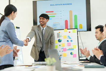 Business team brainstorming for planning strategies, laptop meeting with collaboration to present group project in office.